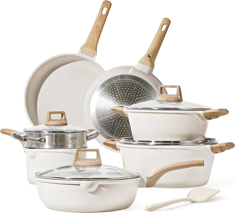 CAROTE Nonstick Cookware Sets, Pots and Pans Set White Granite, Induction Cookware 12 Pcs Non Stick  | Amazon (US)