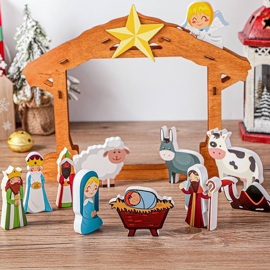 Karenhi 12 Pcs Mini Christmas Kids Nativity Scene Set Wooden Christmas Little People Nativity Set... | Amazon (US)