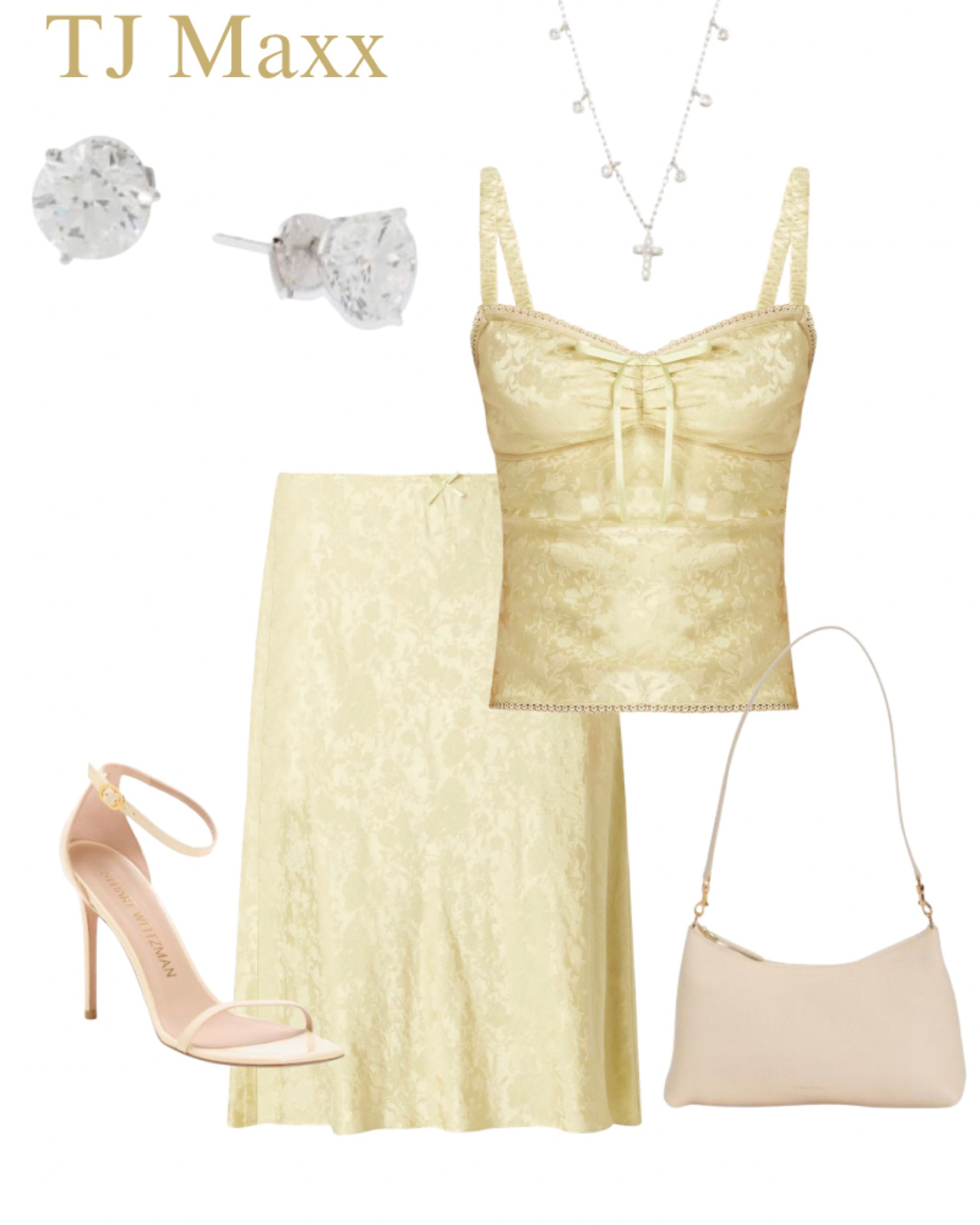 Date night outfit from TJ Maxx! I love this cross necklace! Green skirt, tank top with mini bow, heels, bag, lab grown diamond earrings, spring, summer.

#LTKSaleAlert #LTKootd