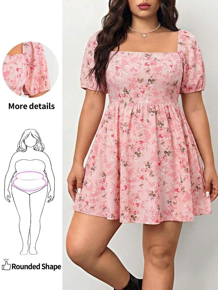 Enliva Plus Size Women's Pink Romantic Vacation Square Neck Puff Sleeve Printed Mini Dress, For A... | SHEIN