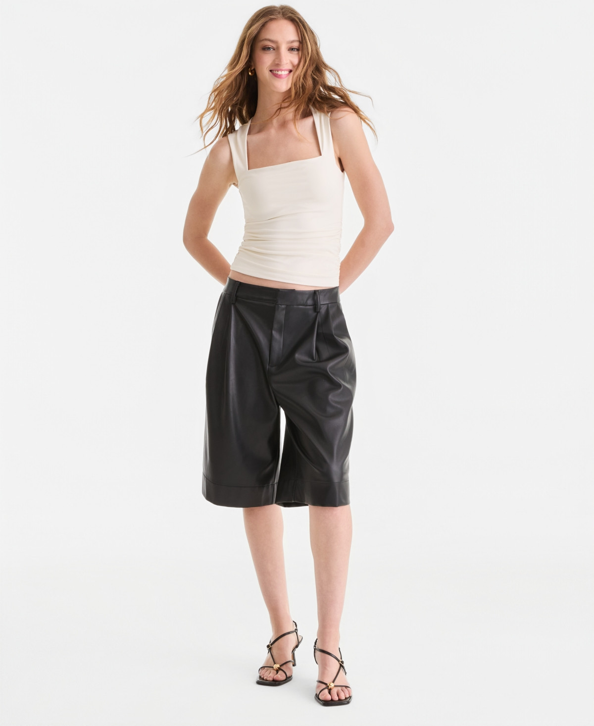 Bar Iii Women's Faux-Leather Pleated Bermuda Shorts, Macy's Exclusive - Deep Black | Macy's