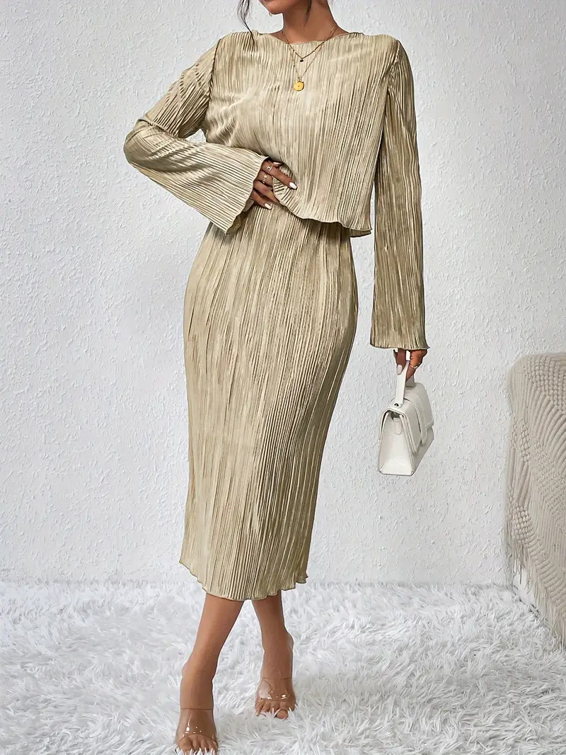 Elegant Two piece Set Long Sleeve Boat Neck Top Midi Skirt - Temu | Temu Affiliate Program