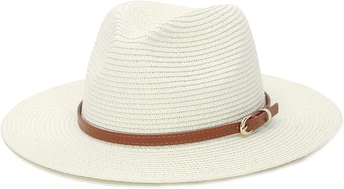 Straw Sun Hats for Women Men Panama Fedora Summer Wide Brim Beach Hat Packable | Amazon (US)