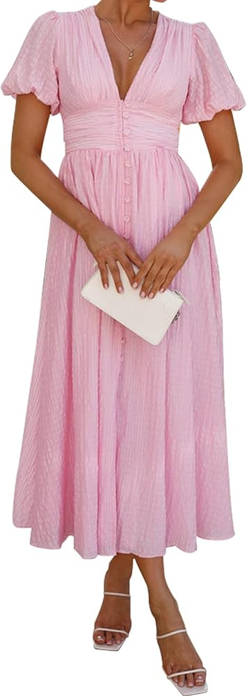 Summer Casual Boho Maxi Wrap Puff Sleeve Dress V Neck Flowy Slit Holiday Dresses for Women | Amazon (US)