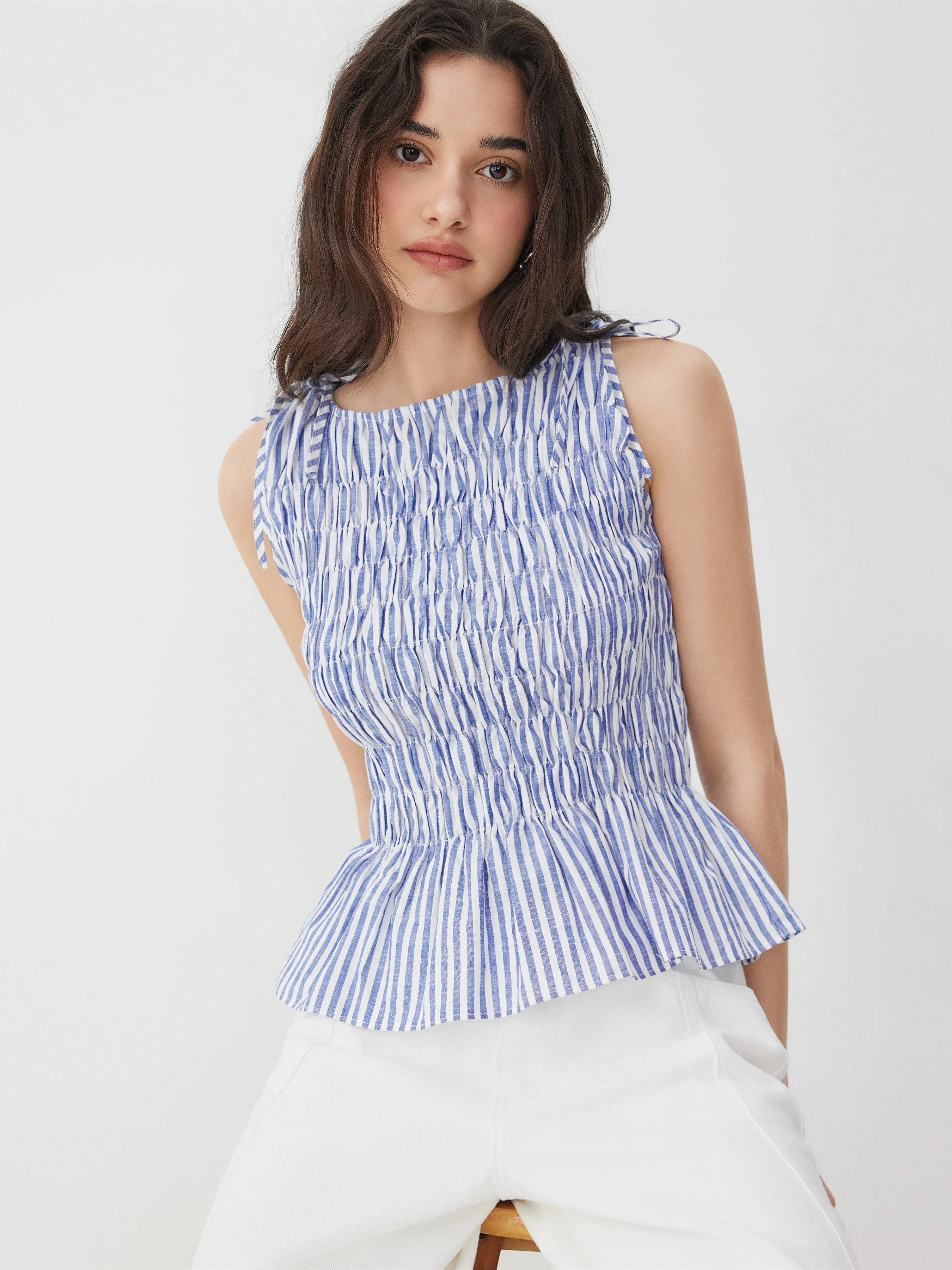 Cotton-blend Striped Boat Neck Drawstring Ruched Peplum Top | Cider