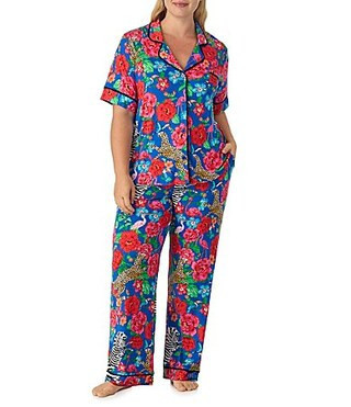 Room Service Plus Size Safari Floral Print Short Sleeve Notch Collar Jersey Knit Long Pajama Set - 2X | Dillard's