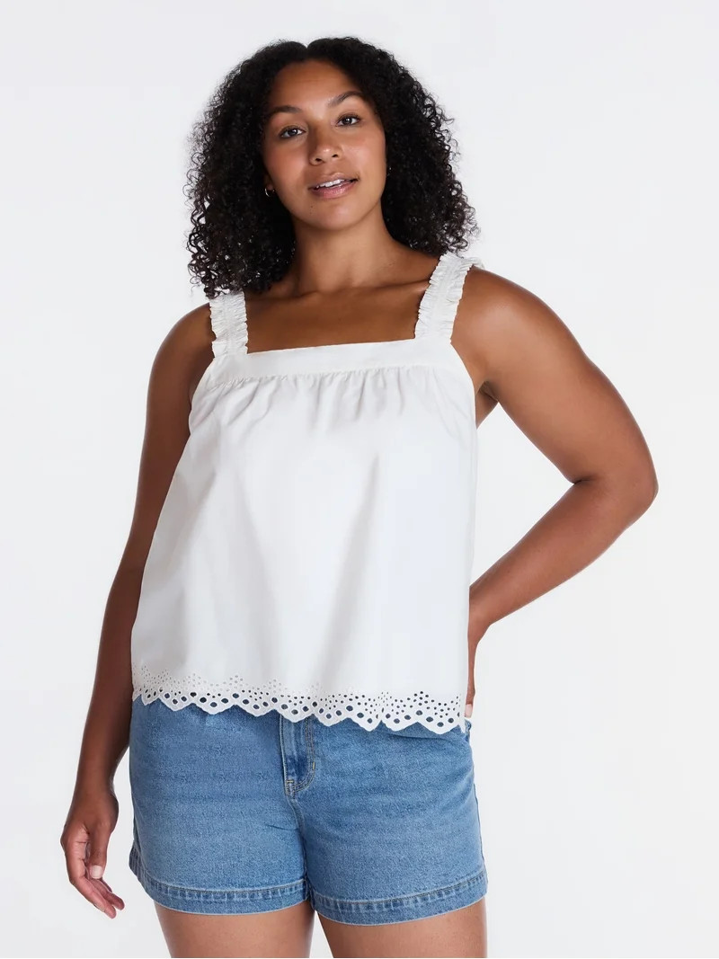 Time and Tru Women\u2019s Eyelet Trim Cotton Tank Top, Sizes XS-XXXL | Walmart (US)