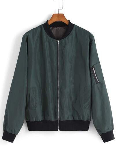 Green Stand Collar Zipper Jacket | SHEIN