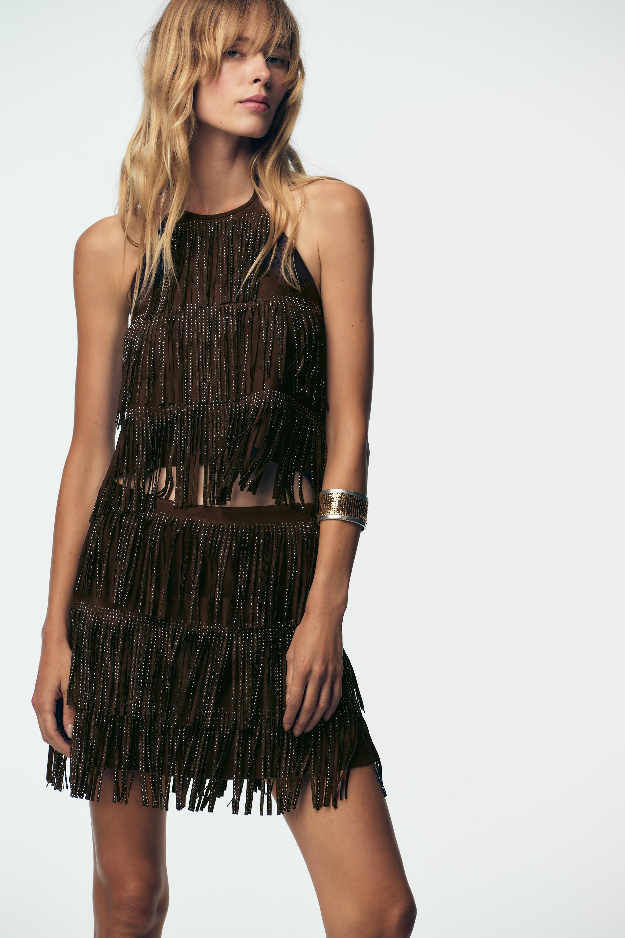 SHIMMER FAUX SUEDE FRINGE TOP | Zara US