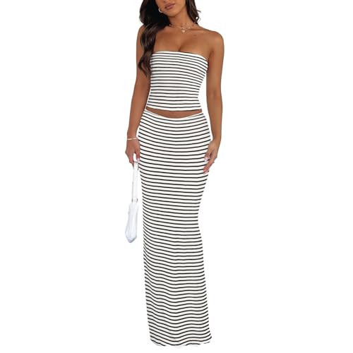 Goafuliy Women's Striped 2 Piece Skirt Sets Tube Top and Maxi Skirt Beach Y2k Summer Vacation Going Out Outfits Black White M | Amazon (US)