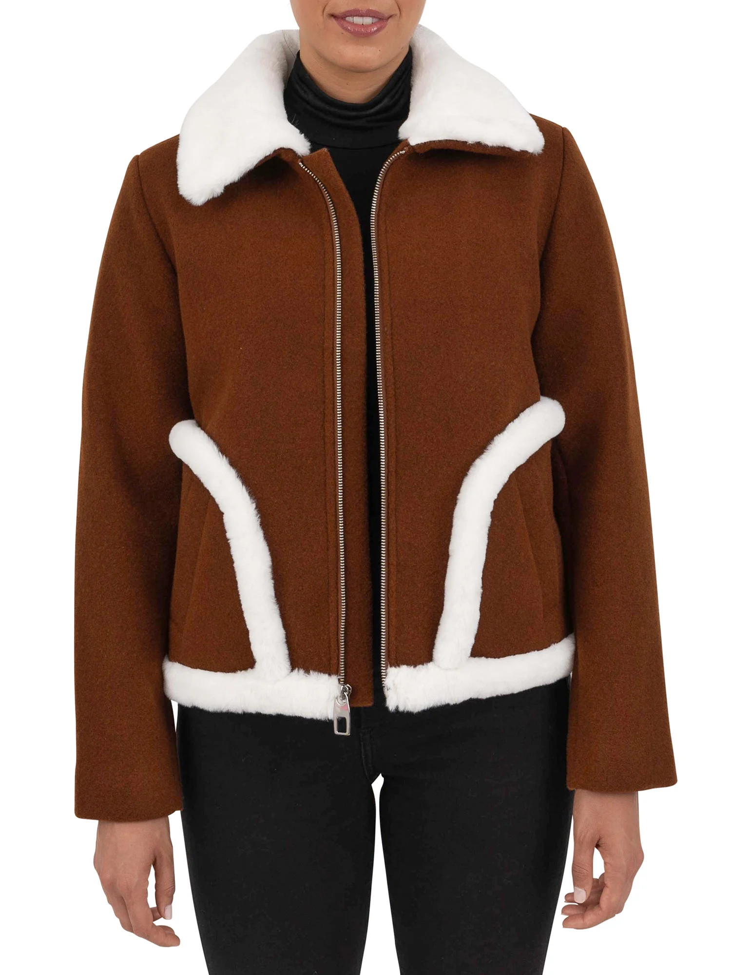 Cyn & Luca Women's Bomber Jacket with Faux Fur Trim - Walmart.com | Walmart (US)