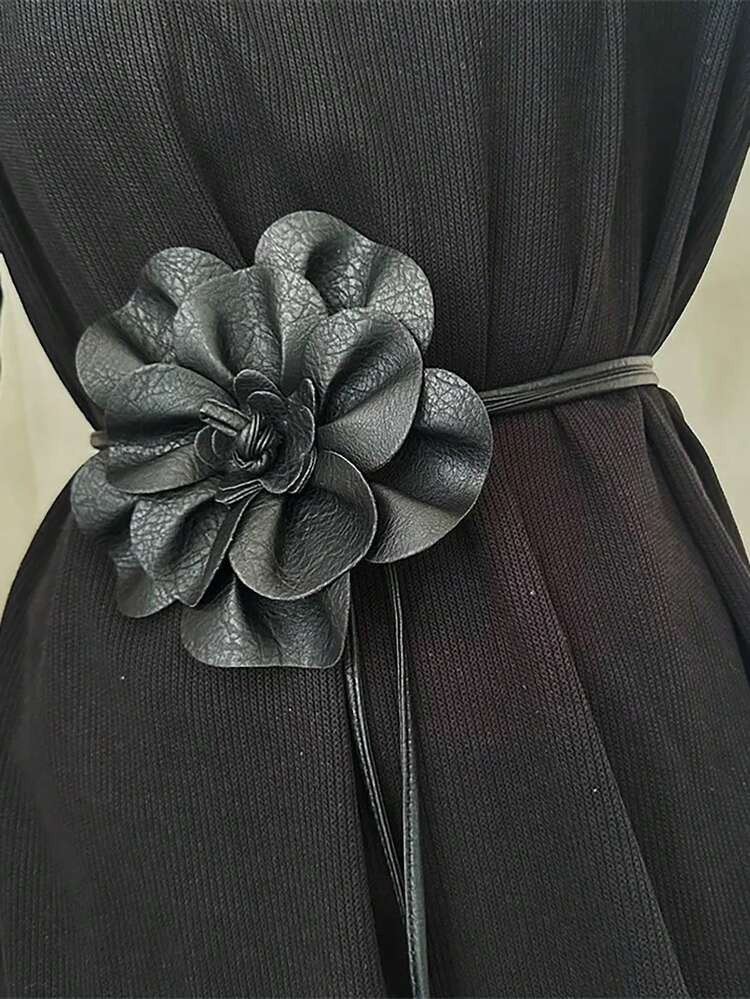 1pc Solid Color Boho Casual Elegant PU Leather Fashion Women Black Floral Decor Waist String Belt, Suitable For All Seasons Fall, Autumn, Halloween | SHEIN