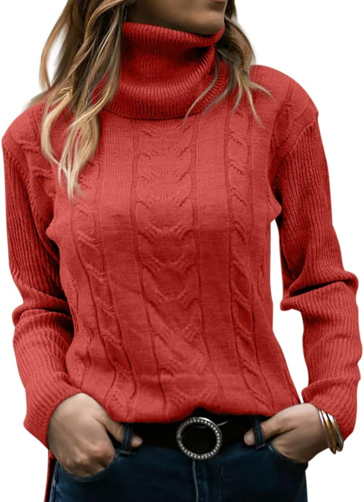 Langwyqu Womens' Turtleneck Long Sleeve Cable Knit Sweaters | Amazon (US)