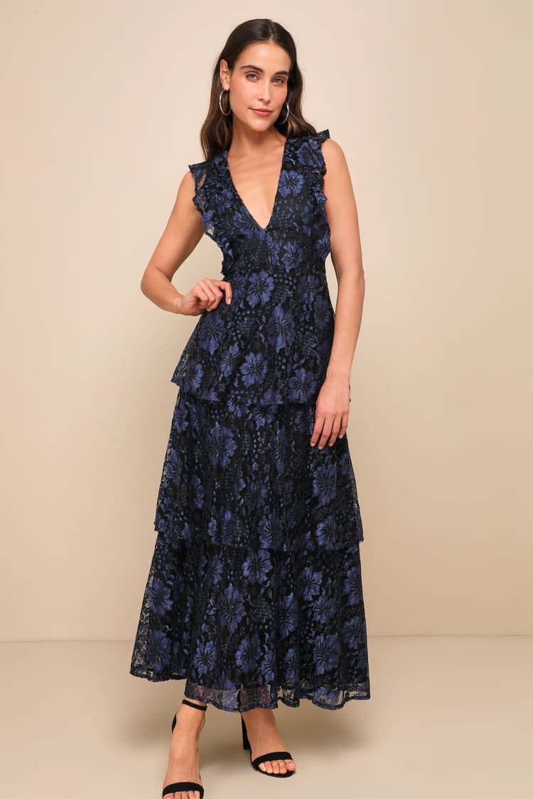 Molinetto Navy Blue Lace Ruffled Tiered Sleeveless Maxi Dress | Lulus
