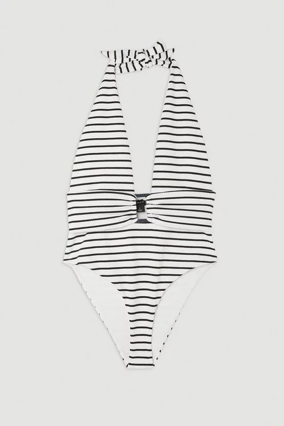 Textured Stripe Trim Detail High Cut Swimsuit | Karen Millen UK + IE + DE + NL