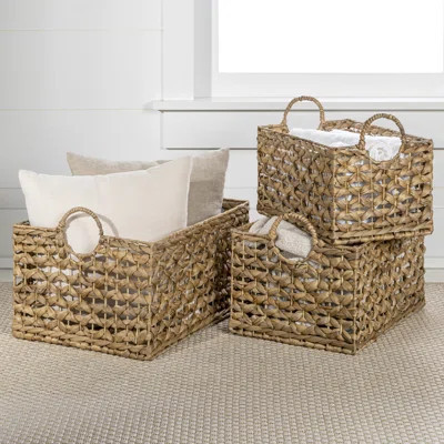 Burruss Bohemian Cottage Woven Hyacinth Rectangular Storage Baskets with Handles (Set of 3) | Wayfair North America