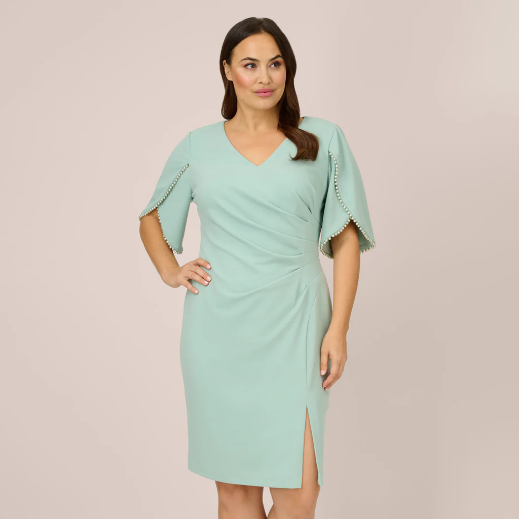 Plus Size Pearl Embellished Knit Crepe Sheath Dress In Cloudy Aqua | Adrianna Papell