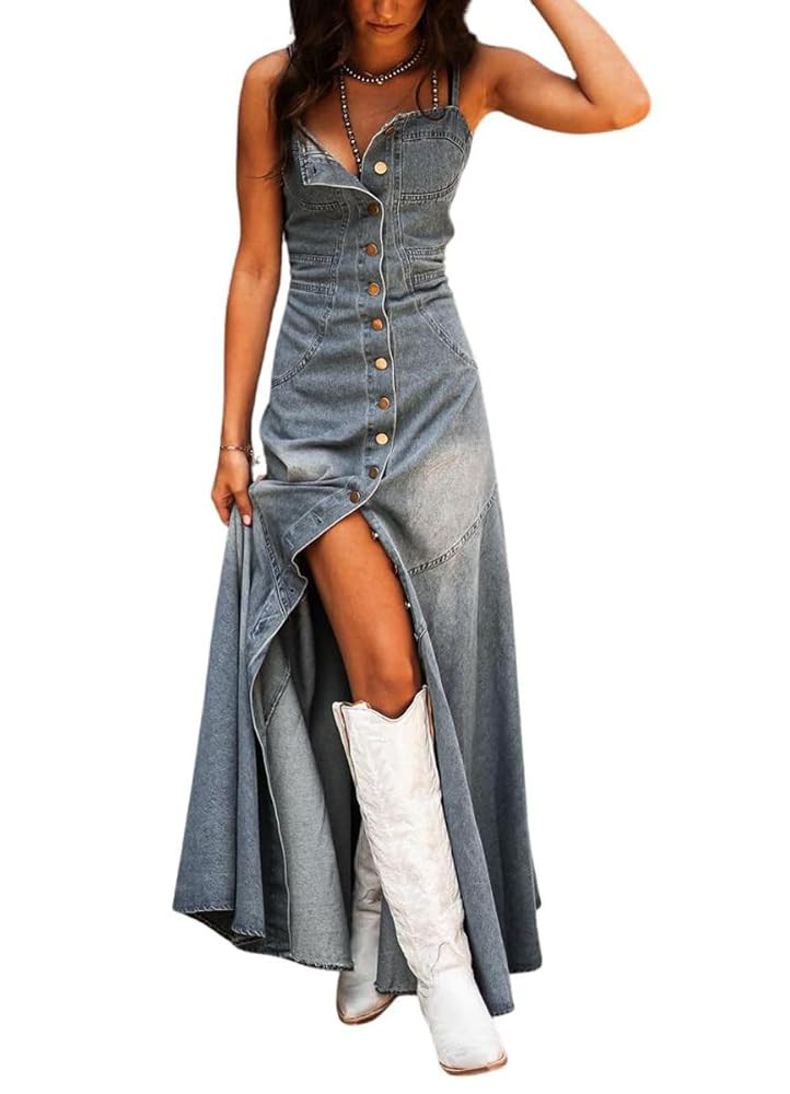 Ru Sweet Women's Spaghetti Strap Smocked Back Denim Dress Button Down A-Line Swing Flowy Maxi Jea... | Amazon (US)