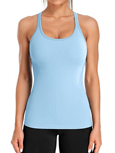 ATTRACO Workout Tank Tops with Built in Bra for Women Racerback Sports Tanks Light Blue XL | Amazon (US)