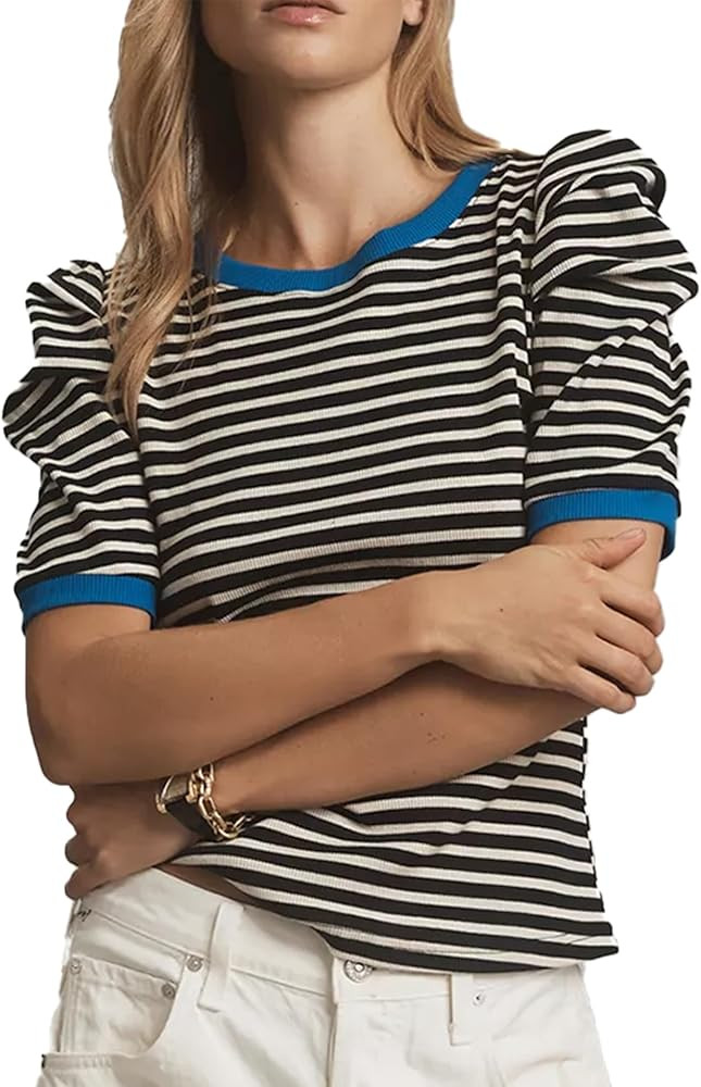 Womens Tops Short Puff Sleeve Striped Workout T Shirts Summer Casual Slim Fit Outfits Clothes Dre... | Amazon (US)