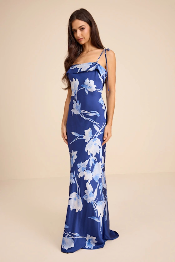 Florine Blue Floral Satin Tie-Strap Maxi Dress | Lulus