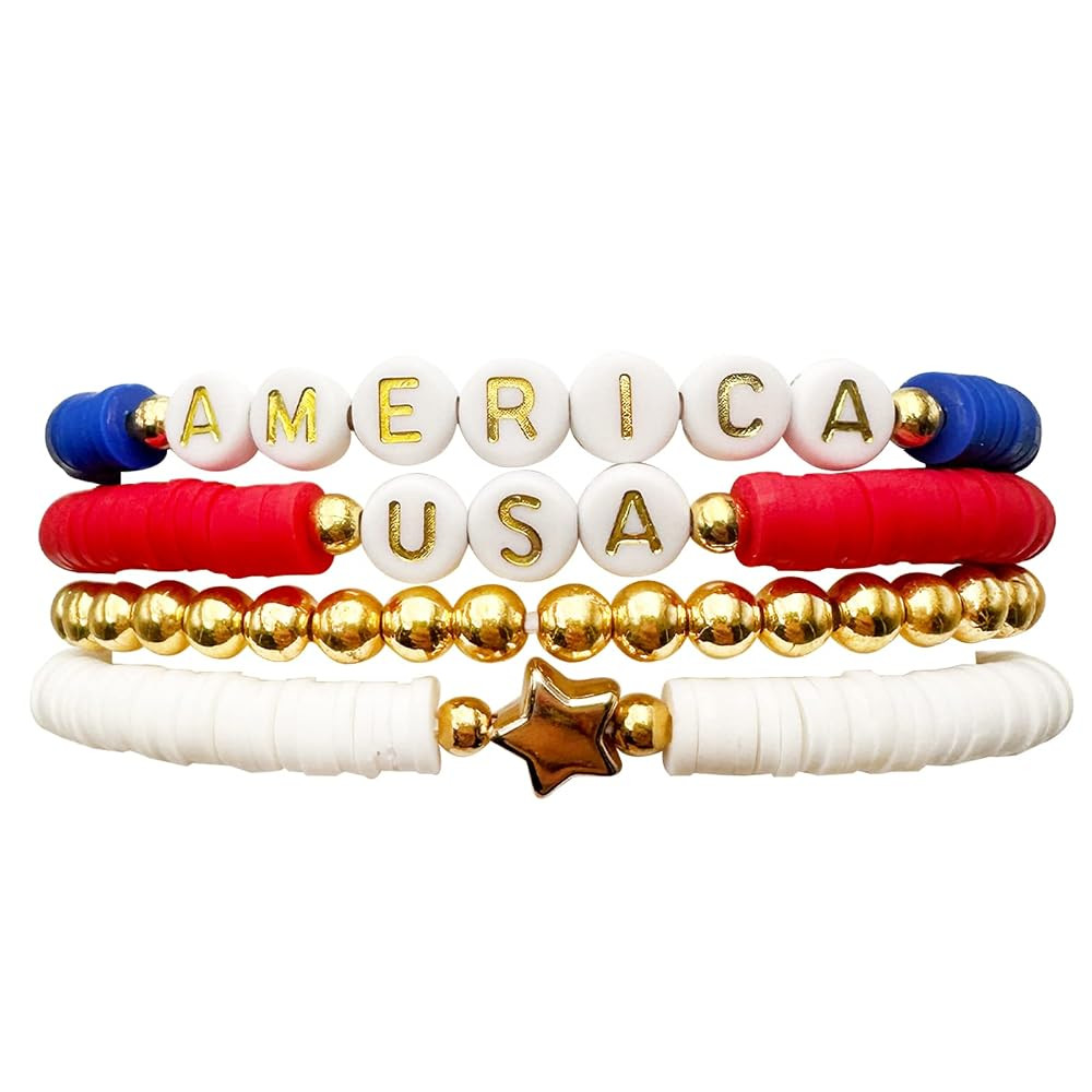 4Pcs Fourth of July Beaded Bracelet for Women Men Red White and Blue Patriotic Bracelet Initial S... | Amazon (US)