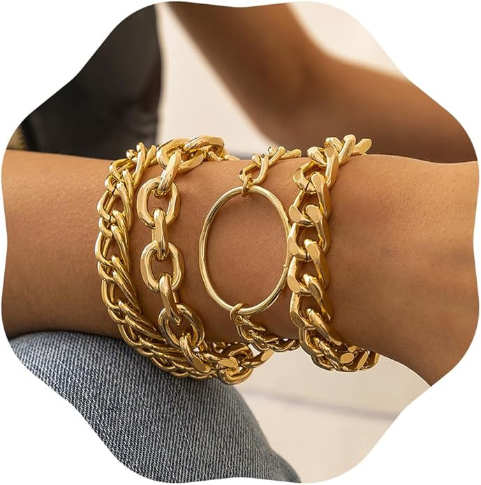 JWICOS Gold Chunky Chain Bracelet for Women Charm Boho Bracelet for Women Flat Cable Chunky Chain... | Amazon (US)