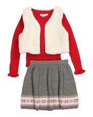 Toddler Girls 3pc Sweater Skirt Set With Faux Fur Vest | TJ Maxx