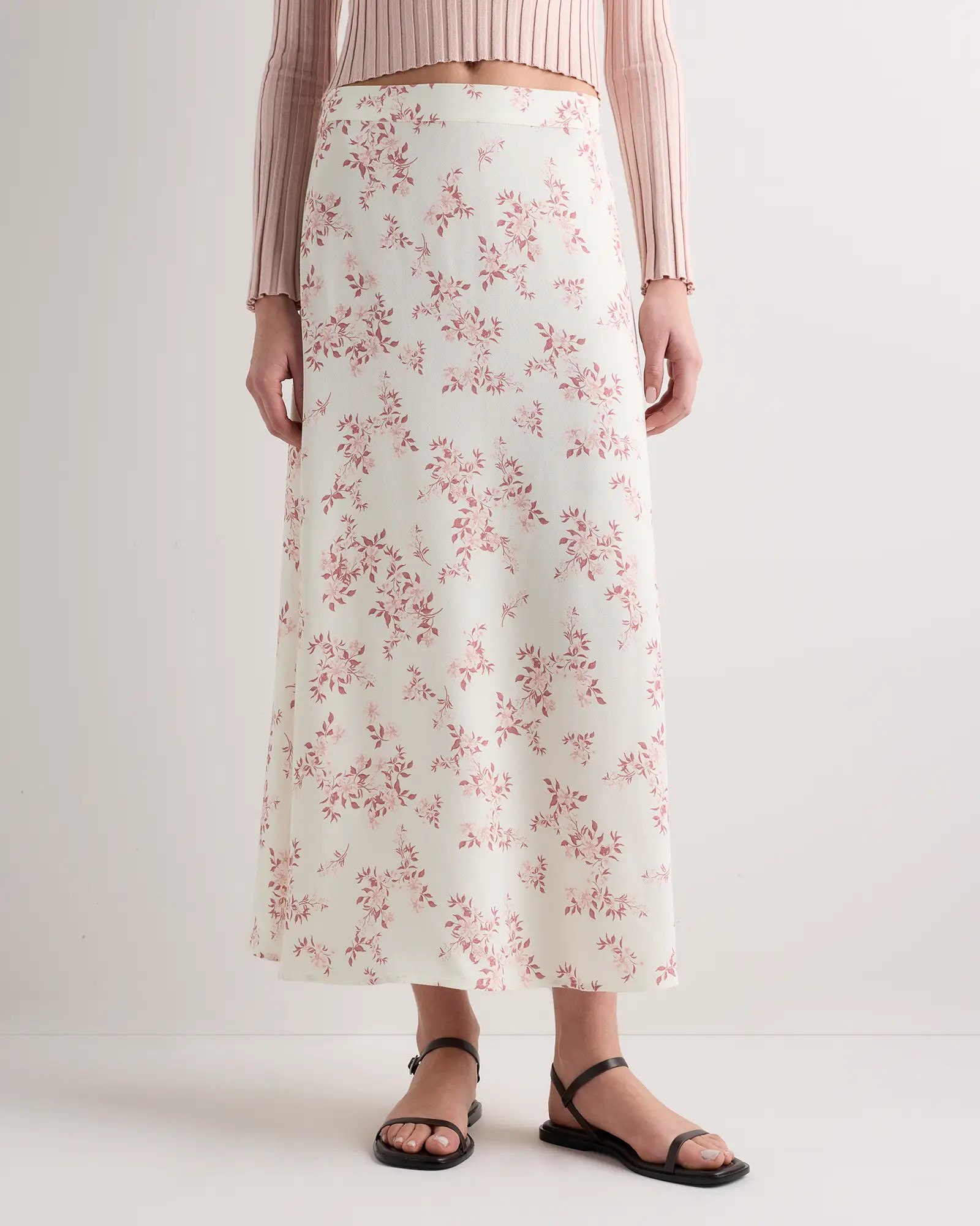 Lightweight Crepe Slip Skirt in Ivory Rose Pink Petite Floral | Quince