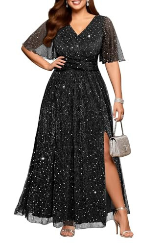 Pinup Fashion Formal Dresses Plus Size Black Evening Gowns Prom Sequin Gala Wedding Guest V Neck Flutter Sleeve Long Dress 2026 | Amazon (US)