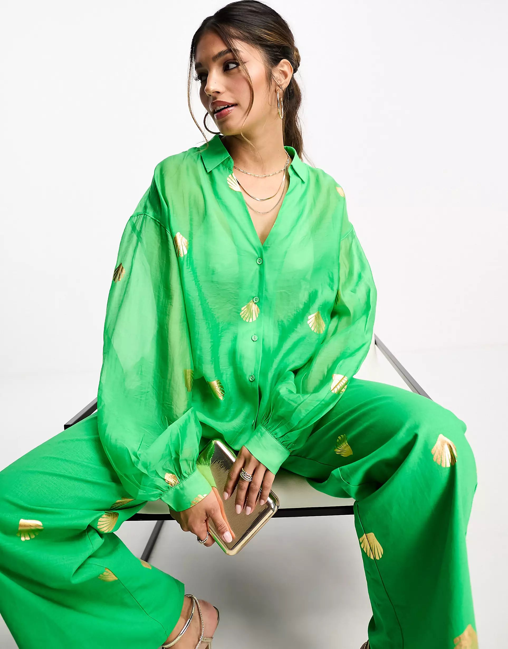 Never Fully Dressed - Oversized overhemd in groen met metallic schelpen, deel van co-ord set | ASOS (Global)