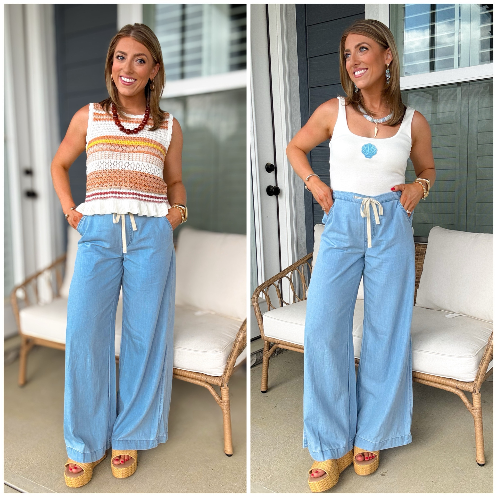 These lightweight chambray wide leg pants from Walmart are EVERYTHING 😍 They look so high end and are seriously one of the most comfortable things I’ve put on lately 👏🏻

Styled them two different ways and honestly can’t decide which look I love more 🤍 The crochet knit tank gives effortless coastal grandma vibes while the shell tank makes it feel so beachy and vacation ready 🐚☀️

Perfect for summer vacations, brunch, beach towns, casual dinners, travel days, or everyday mom outfits when you still want to feel cute but comfy!

#walmartfashion #widelegpants #summerfashion #coastalstyle #walmartfinds #affordablefashion #vacationstyle #beachyoutfit #casualsummerstyle #momstyle #summeroutfitideas #walmartstyle #everydaystyle #coastalgrandmotherstyle #summerwardrobe #traveloutfit #fashionfinds #easyoutfitideas #ootd #walmartnewarrivals

#LTKootd #LTKPetite