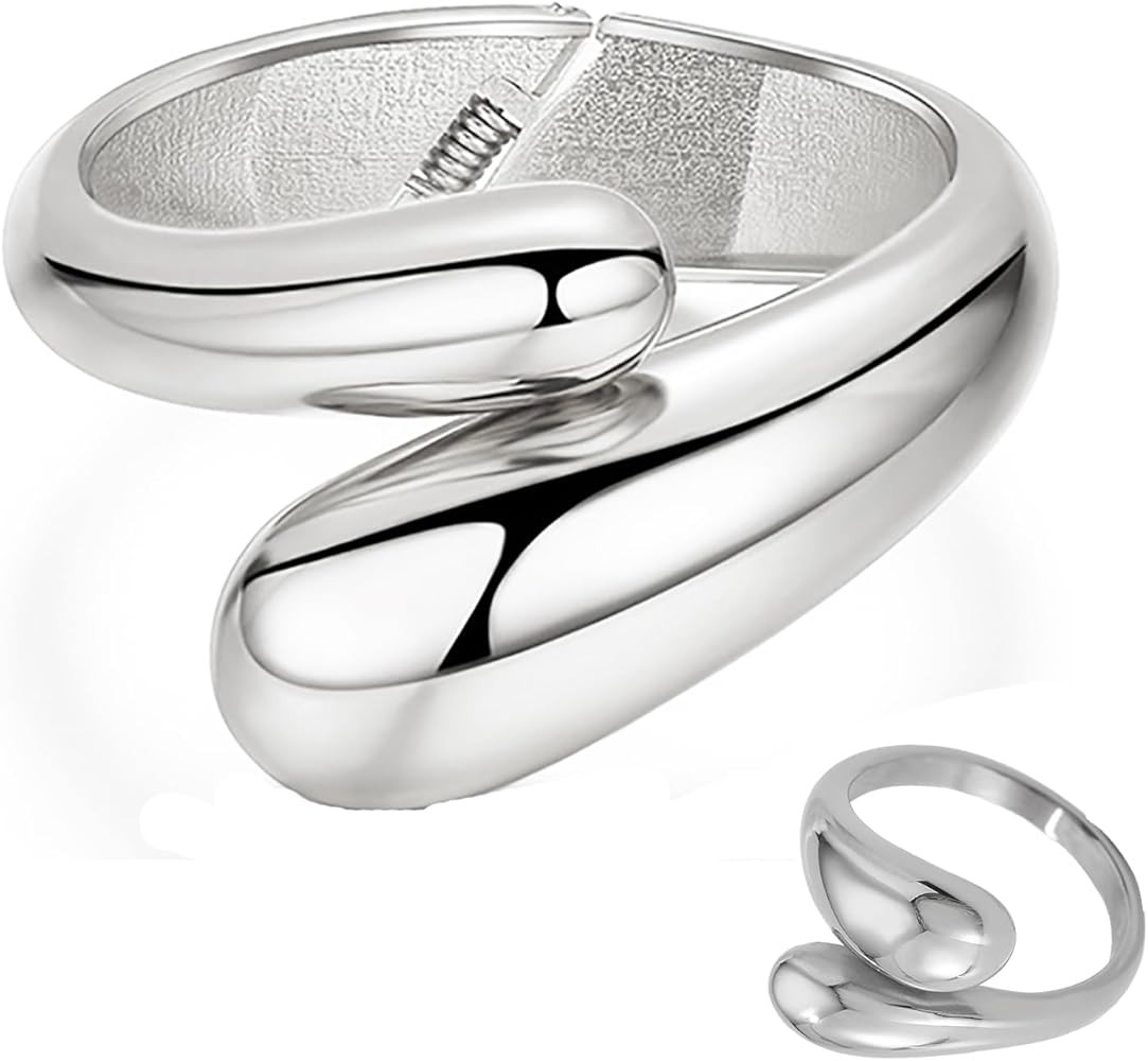 Chunky Gold Bracelet Rings Sets Silver Cuff Bracelet for Women Chunky Cuff Bracelet Bangle Bracel... | Amazon (US)