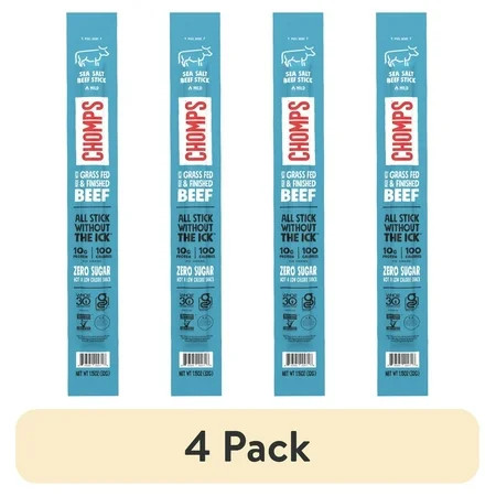 (4 pack) Chomps Grass-Fed and Finished Sea Salt Beef Jerky Meat Snack, 1.15oz Stick | Walmart (US)