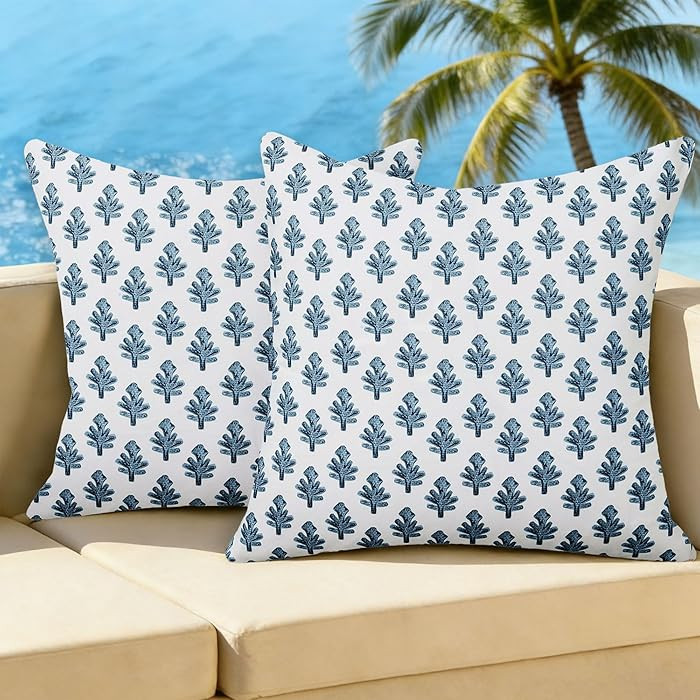Outdoor Pillow Covers 18x18 Set of 2 Boho Navy Bule Floral Accent Print Decorative Throw Pillow C... | Amazon (US)