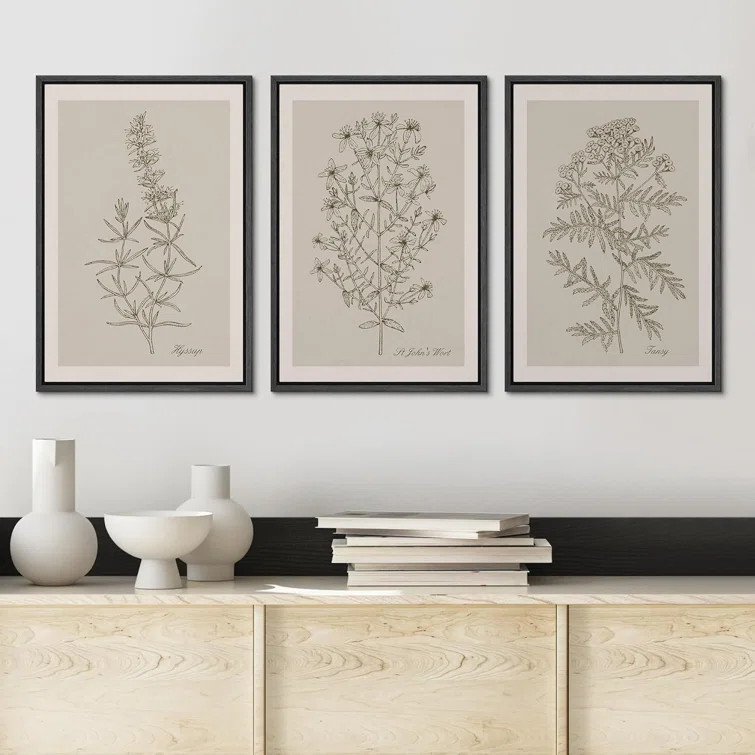 Duotone Vintage Flowers Neutral Floral Botanical Minimalist Framed Canvas 3 Pieces Print Wall Art | Wayfair North America