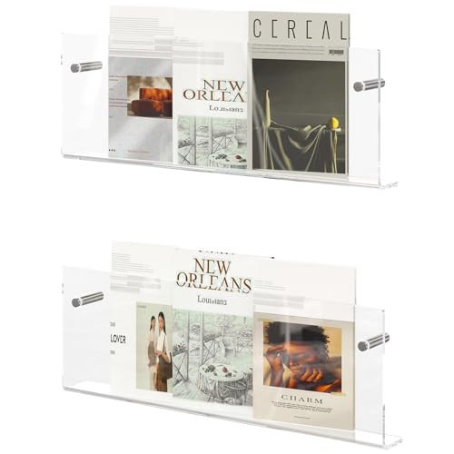 DOHWSK Acrylic Magazine Holder, 2 Pack Hanging Bookshelf Magazine Rack, Wall Mounted Floating Brochure Display for Waiting Room, Office, Home (Clear, 17 Inch) | Amazon (US)