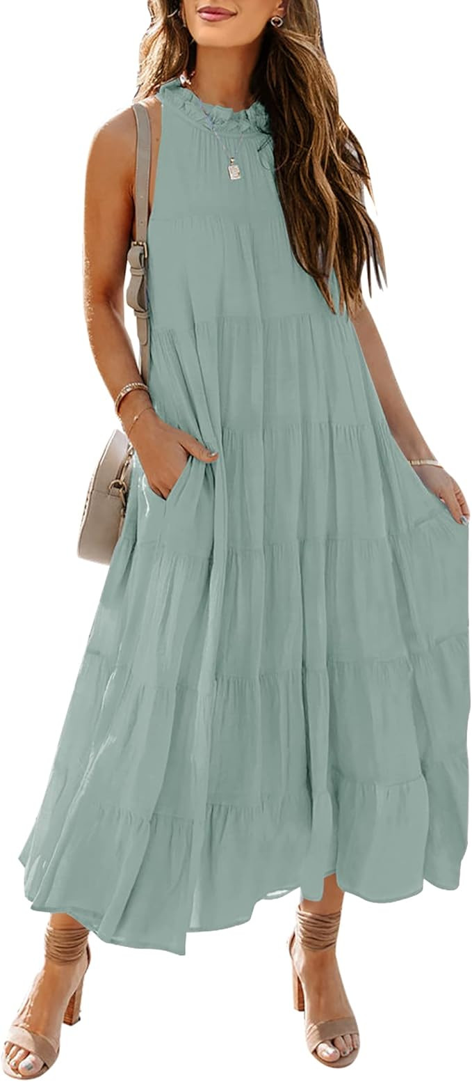 HAEOF Womens Summer Sleeveless Halter Maxi Dress Pleated Tiered Swing Beach Long Dresses Sundress | Amazon (US)