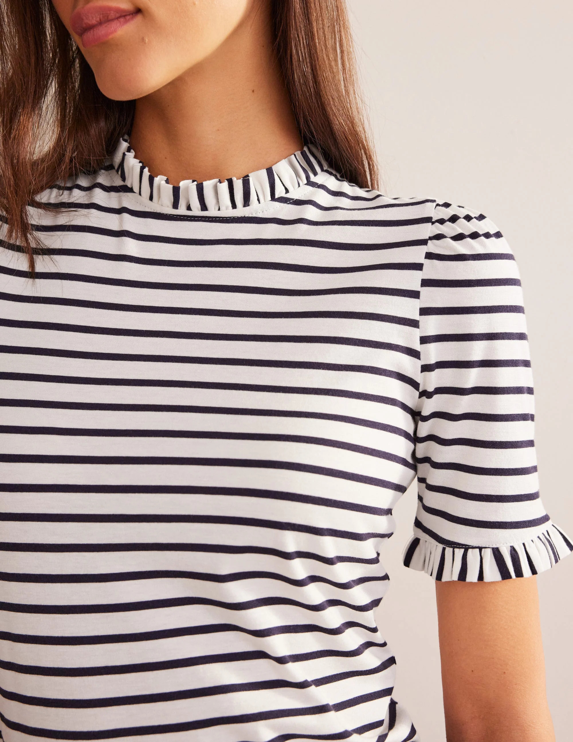 Supersoft Frill Detail T-shirt-Ivory, Navy Stripe | Boden (US)