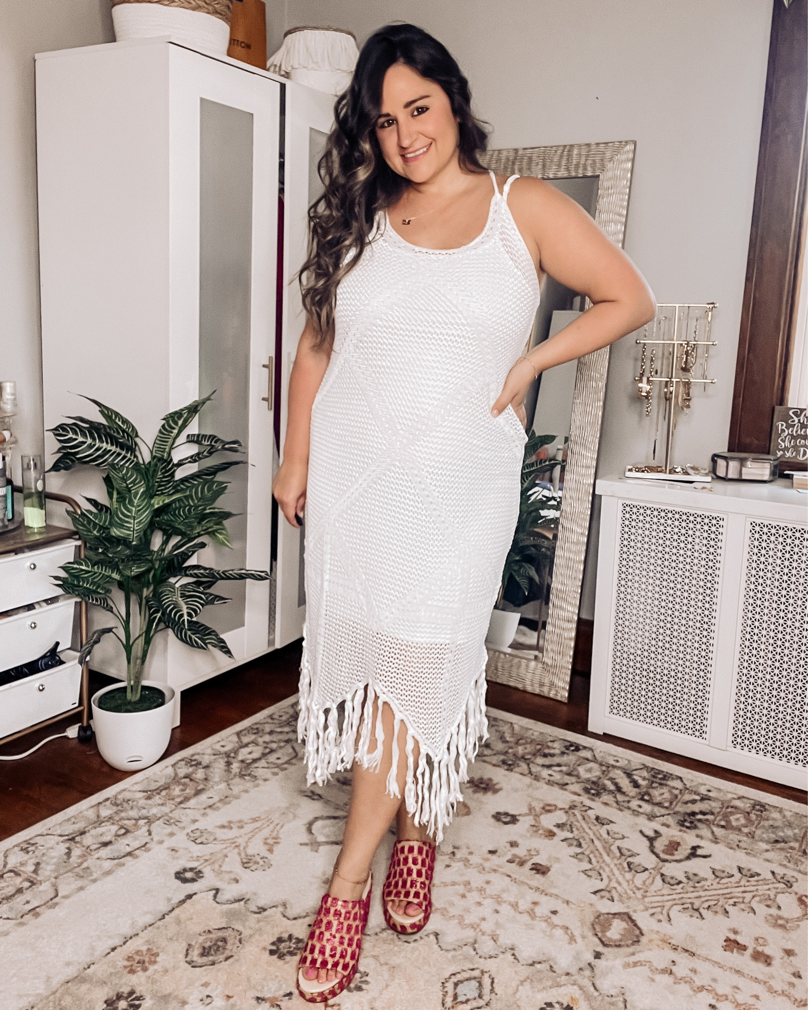 Crochet and fringe, need I say more? Love this crochet coverup from Cupshe that I’ve actually styled as a dress with a slip! And how amazing are these statement wedge heels? 

Wearing an XL

White coverup, swim coverup, boho, wedges, pink shoes, pink sandals 

#LTKtravel #LTKFind #LTKshoecrush