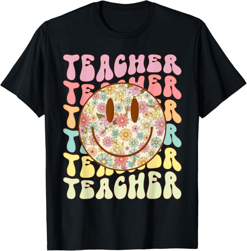 Groovy Retro Teacher Floral Smile Face Back To School T-Shirt | Amazon (US)