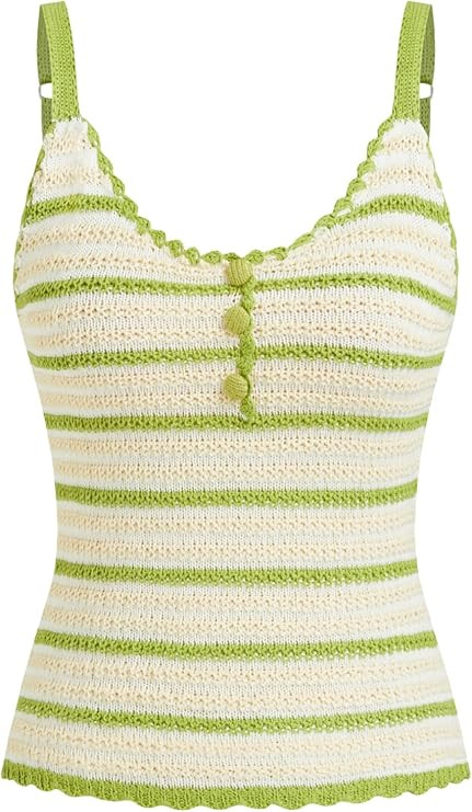 CIDER Cute Summer Tops for Women Going Out Cute Y2K Striped Sleeveless Crochet Knitted Scoop Neck... | Amazon (US)