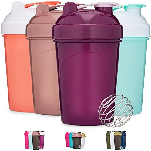 [4 Pack] 20-Ounce Shaker Bottle | Protein Shaker Cup 4-Pack with Wire Whisk Balls (Coral/White, P... | Amazon (US)