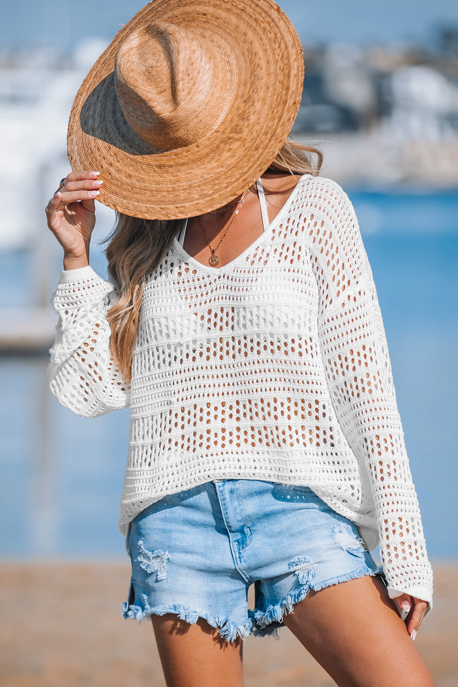 White Crochet Long Sleeve Cover-Up Top | Cupshe US