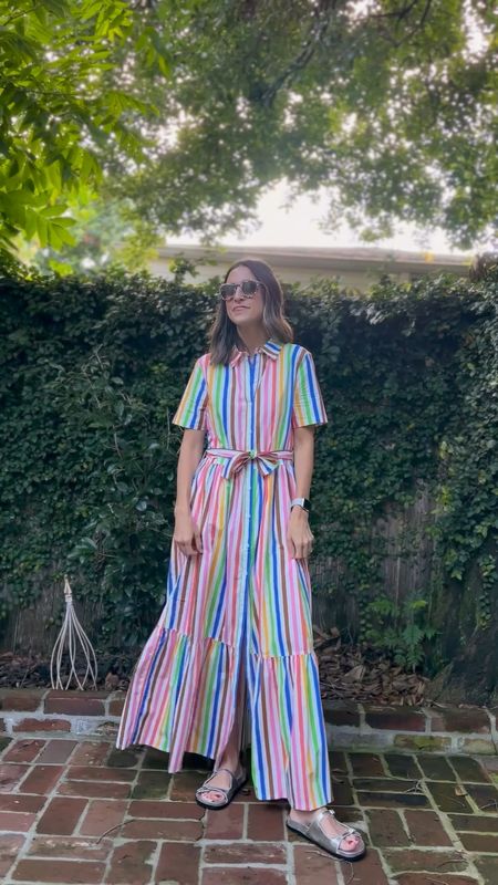 Love this rainbow dress! Fits TTS. Wearing XS. Target dress. 
J.Crew metallic sandals fit TTS, love them too! 
Krewe sunglasses  

#LTKShoeCrush #LTKVideo #LTKFindsUnder50