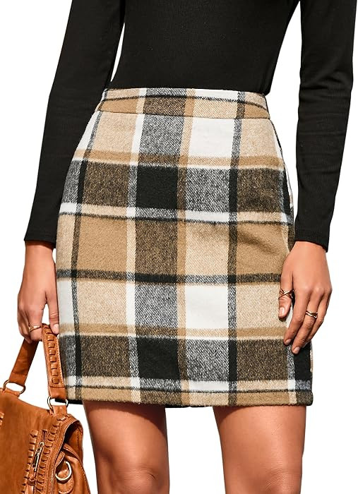 Simplee Womens Fall High Waist Suede Plaid Mini Skirt Short Bodycon Skirts | Amazon (US)