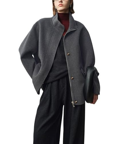 chouyatou Women's Winter Stand Collar Wool Trench Coat Zip Up Dressy Casual Short Pea Coat Overcoat with Pockets (X-Large, Dark Gray) | Amazon (US)