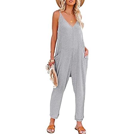 AlvaQ Jumpsuits for Women Casual Fall Clothes Waffle Knit Loose Spaghetti Strap Overalls Jumpers wit | Amazon (US)
