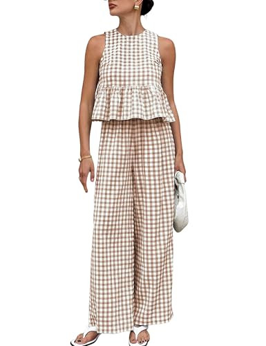 Tanming Women's 2 Piece Set Outfits Gingham Plaid Tank Tops Wide Leg Pants Matching Lounge Sets | Amazon (US)