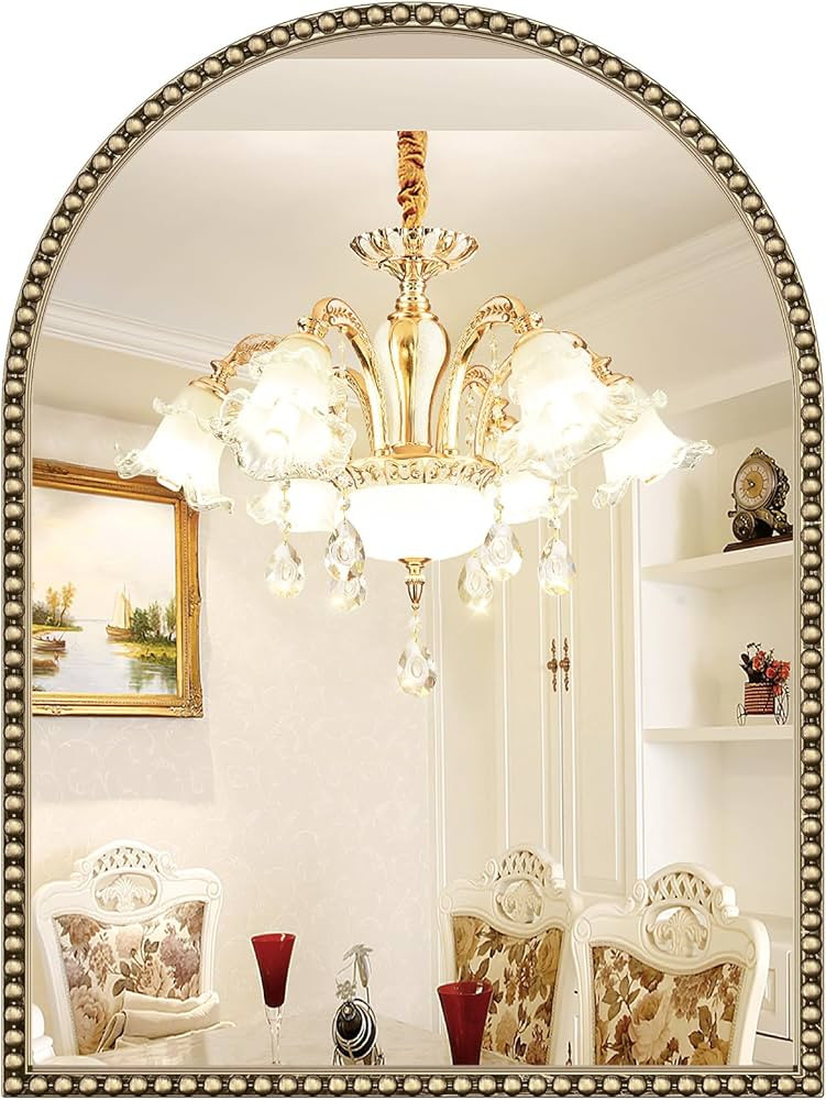 Beaded Arched Mirror for Wall, 30"x40" Gold Arch Brass Bathroom Mirrors, Champagne Bronze Vintage... | Amazon (US)